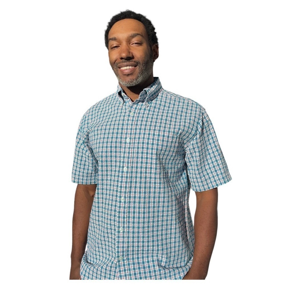 LL Bean Blue White Plaid Short Sleeve Shirt | Casual Cotton Shirt | Summer Shirt